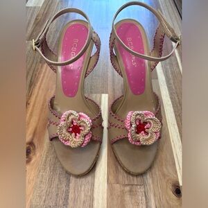 BCBG GIRLS GALIAN PINK LEATHER CROCHET BOW CORK PLATFORM SANDALS PUMPS S7 / 37